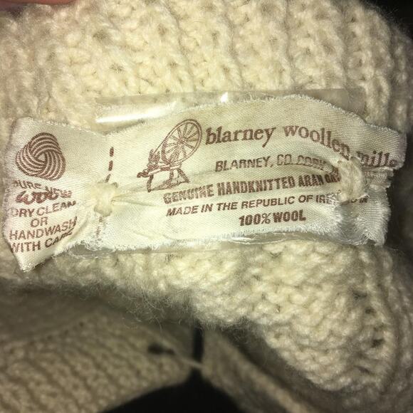 Vtg Blarney Woollen Aran Knit Cream Cardigan Ireland Irish Fisherman Sweater L - Picture 8 of 10